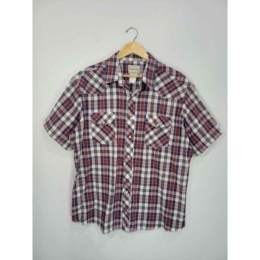 Frontier Mens XL Red White Blue Plaid‎ Short Sleeve Western Pearl Snap Shirt